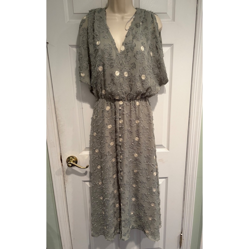 Zara Sage Green Polka Dot Eyelash Textured V-Neck Midi Dress S NWT Boho Fairy - Picture 3 of 16